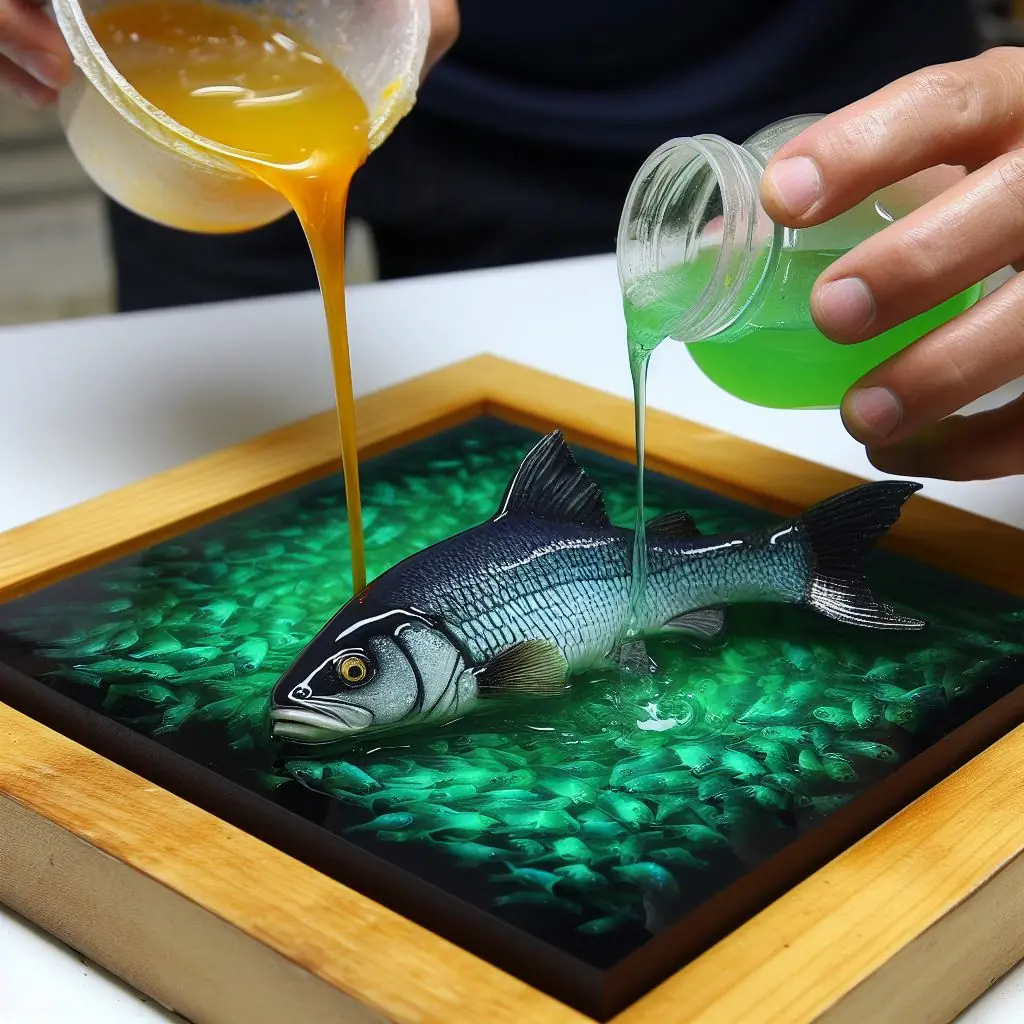 Човек излива епоксидна смола в квадратен молд с изкуствена риба, като център на произведението. Епоксидни смоли AHD50.